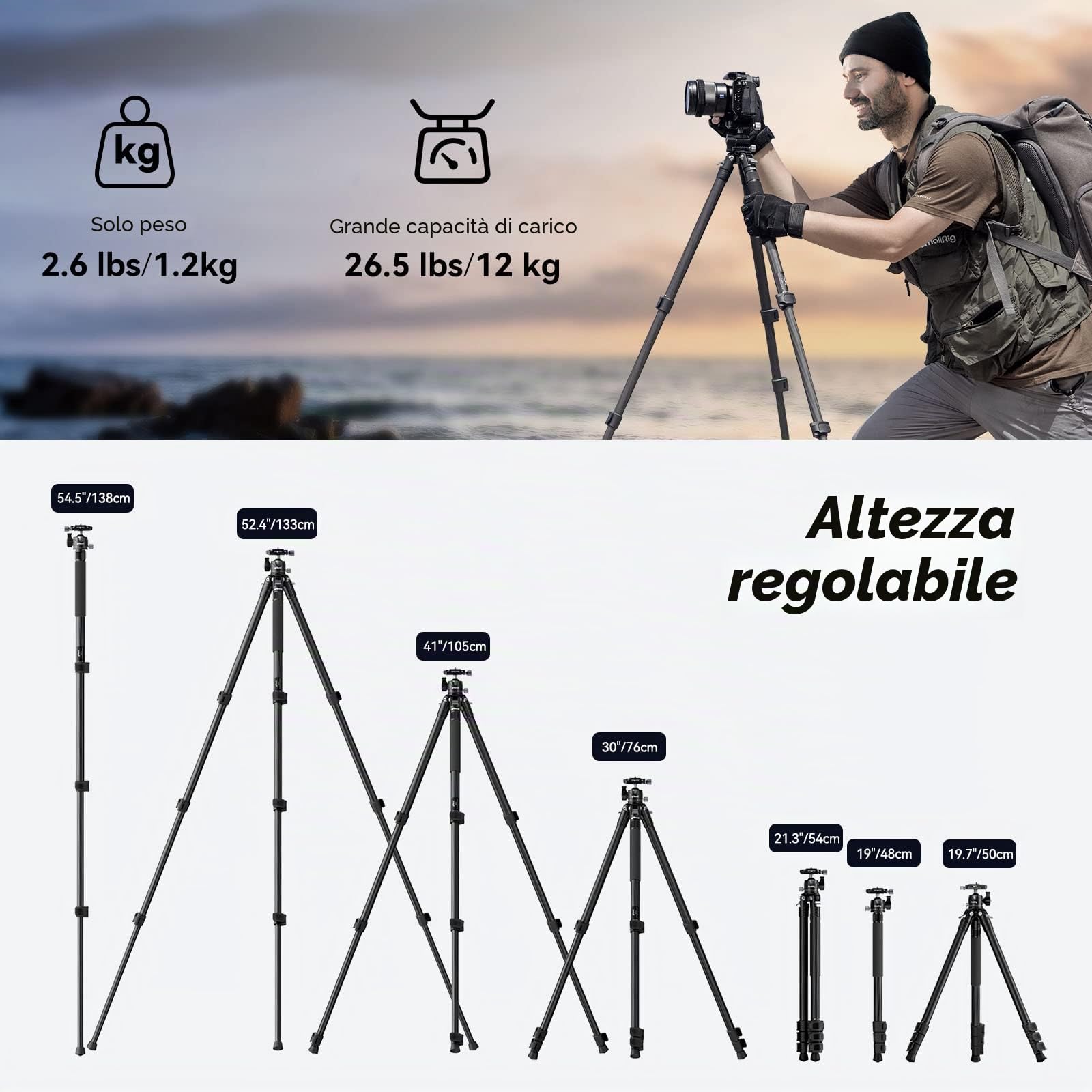 SMALLRIG Treppiede Leggero e Compatto in Fibra di Carbonio con Monopiede Staccabile, Testa a Sfera a 360°, Piastra a Sgancio Rapido, Carico Utile Fino a 26,5 Libbre/12 kg - 4060