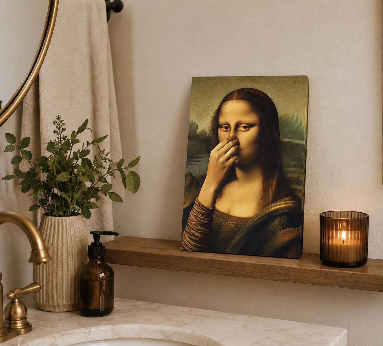 CXKAWM Funny Mona Lisa holding nose Bathroom Canvas Wall Art 12X16in image 2