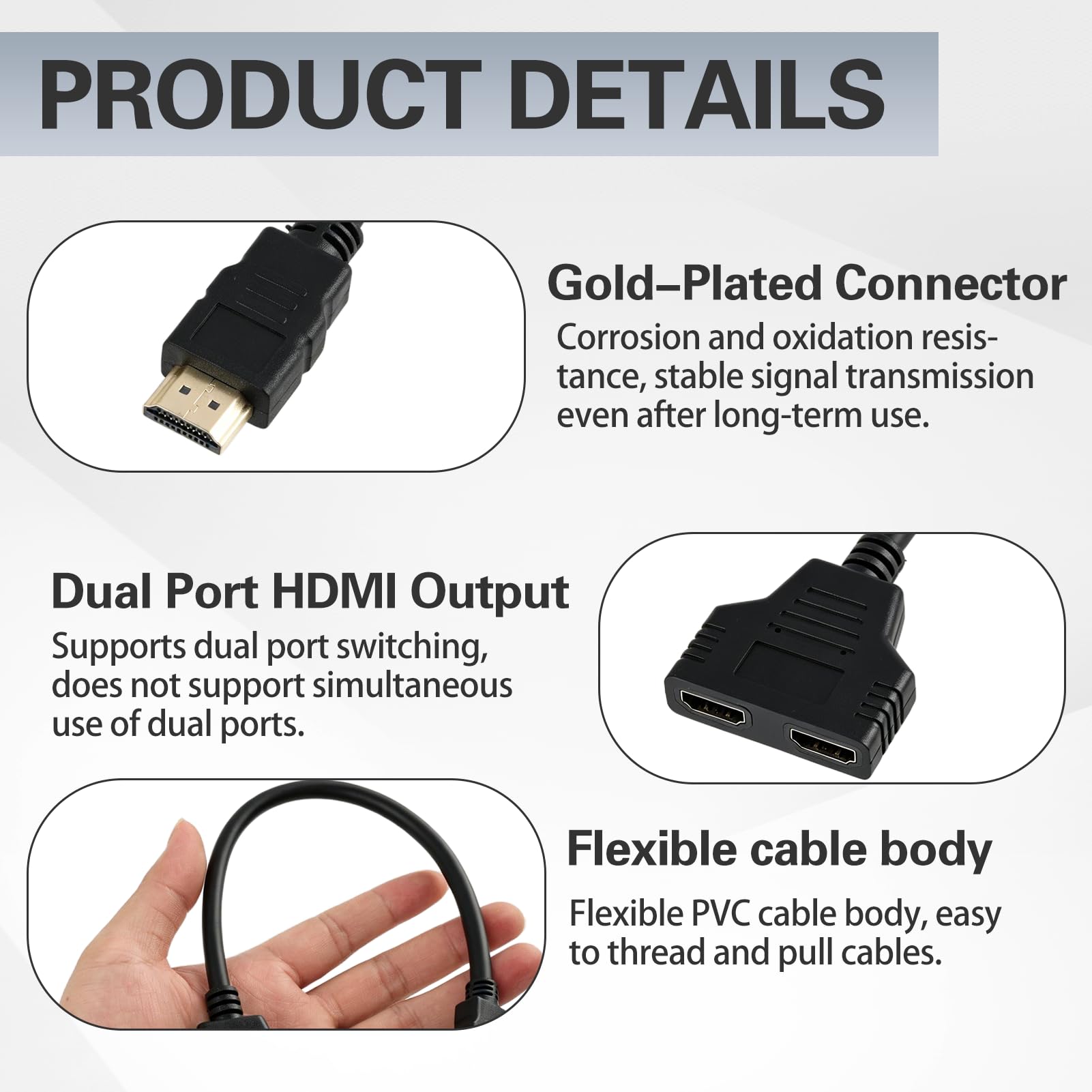 30CM Adaptateur Répartiteur HDMI 1 Entrée 2 Sorties, 1080p Mâle vers Double HDMI Femelle 1 vers 2 Voies Dédoubleur, pour TV et PC, Écran LED, LCD et Projecteur Deux Téléviseurs Commutateur 2 Ecrans