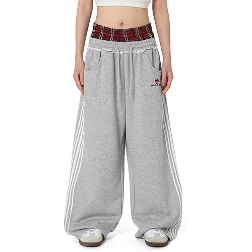 Aelfric Eden Baggy Wide Leg Sweatpants for Women Plaid Patchwork Sweat Pants Loose Long Pants with Pockets