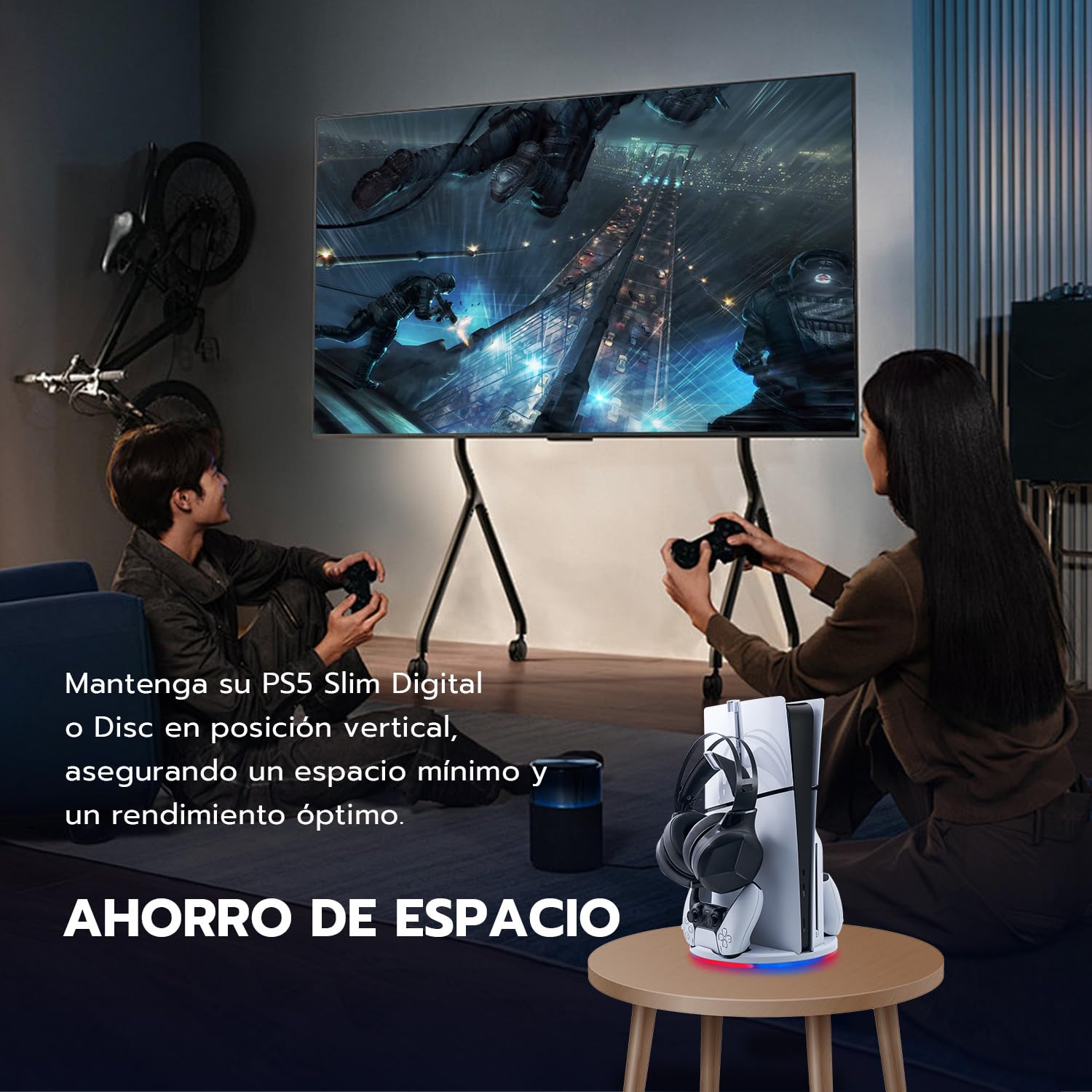 Soporte para PS5 Slim, Estación de Carga con LED para PS5 Slim Digital/Disc Edition, Base de Cargador para Controlador Dual PS5 con Soporte para Auriculares - Blanco - No para PS5/PS5 Pro