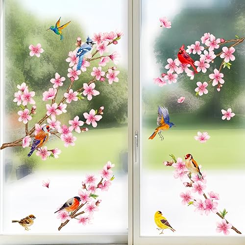 Miniatura 2 de Decalmile Pegatinas florales de cerezo para ventana de ramas de flores con pájaros – Calcomanías florales, calcomanías de vidrio anticolisión para