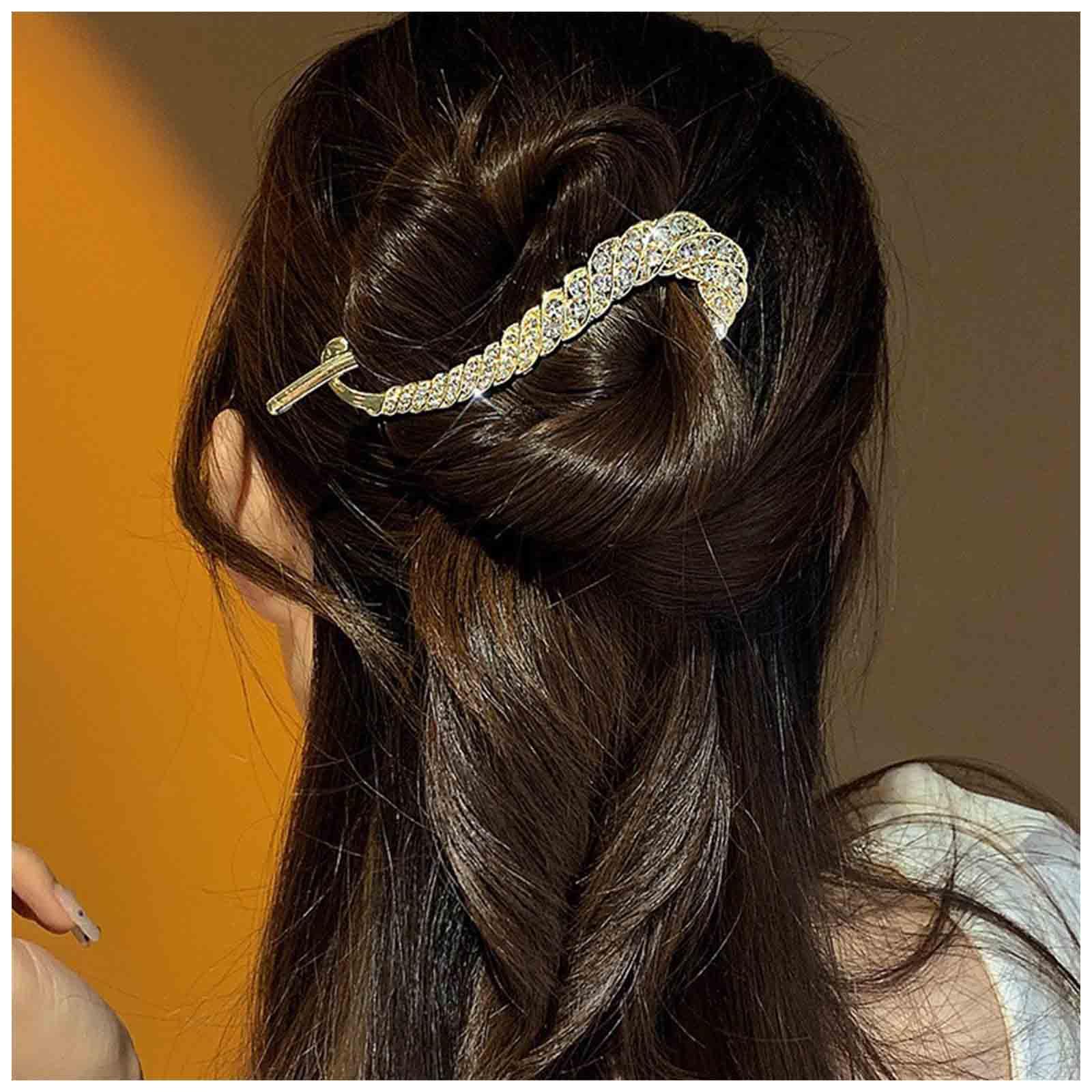 Cybche Large Rhinestone Hair Clips Gold Cz Hair Barrette Clip Crystal Banana Hair Clip Cz Hair Clip Hairpin French Style Twist Hair Barrette Decorative Hair Accessories Jewelry for Women(Gold)