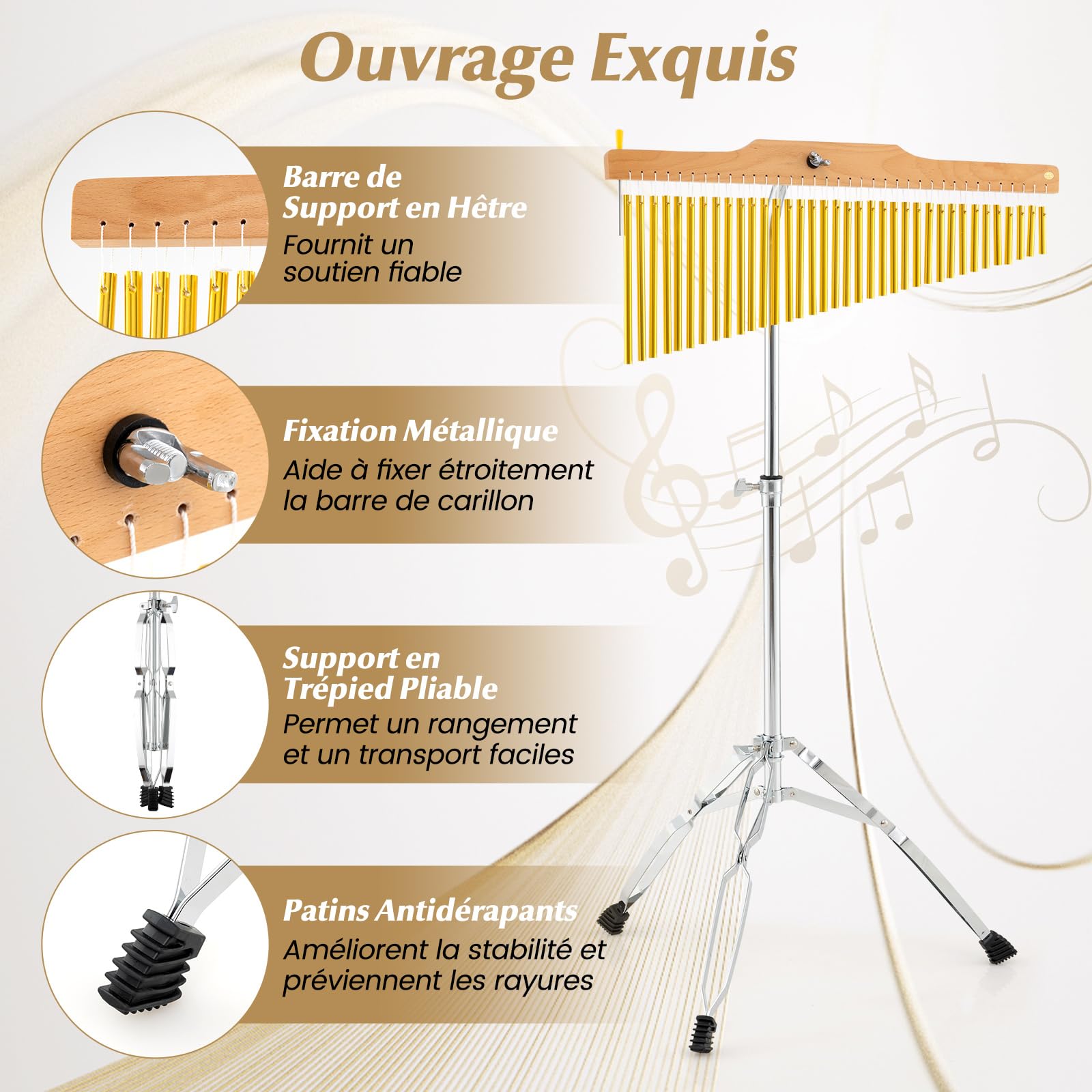 COSTWAY Carillon à Vent 36 Tons avec Support de Levage Réglable, Instrument de Percussion à Une Rangée en Alliage D'aluminium avec Sac & Trépied Pliable pour Performances Chorale Bar