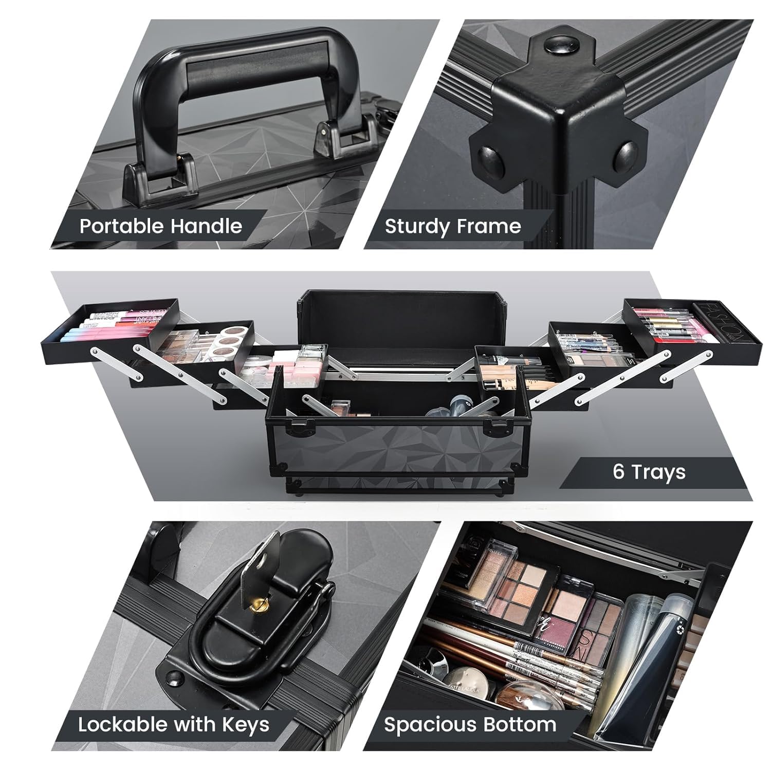 Maletin Maquillaje Grande Profesional Estuche Maquillaje Caja de Viaje Maletín Manicura Joyero Organizador Esmalte de Uñas con 6 Bandejas Regalos para Mujer 30.5x18x22.5cm, Gris Negruzco