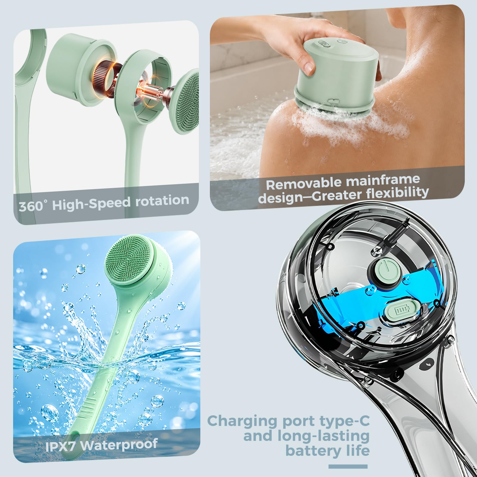 Elektrische Rückenbürste, Duschbürste mit 4 Reinigungsköpfen zum Eincremen Körperbürste für Women Men Senioren, IPX7, Doppelgriff mit 360-Grad-Drehung für Spa Exfoliating Massage (Milchkaffee)