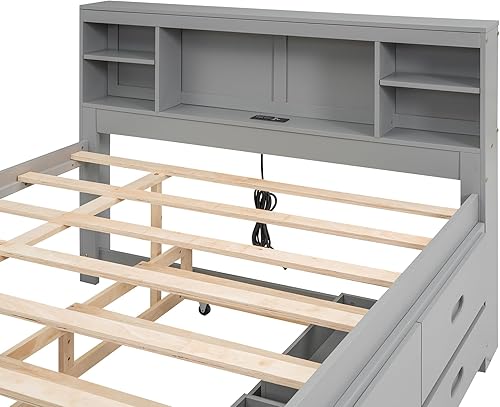 Miniatura 25 de Cama de plataforma de tamaño Queen con cabecero y cajones, marco de cama de plataforma de madera maciza con estantes, puertos USB y enchufes, marco