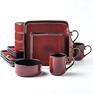 FLACKAR Square Stoneware 16pc Dinnerware Set for 4, Dinner Plates, Side Plates, Cereal Bowls, Mugs - Reactive Glaze Red (485450)