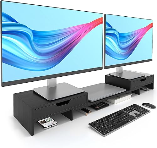 Epesoware Soporte de monitor con 2 cajones para escritorio, soporte de bambú para monitor doble con almacenamiento, organizador de estante de