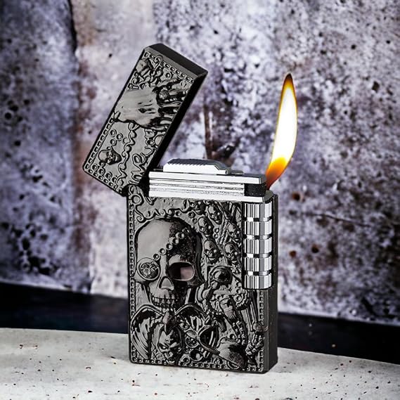 Cool Engraved Skull Lighter - Creative Grinding Wheel Butane Lighter, Soft Flame, Jet Torch - Adjustable Inflatable, Retro Antique - Men's Gift (No Gas) - Black Gray