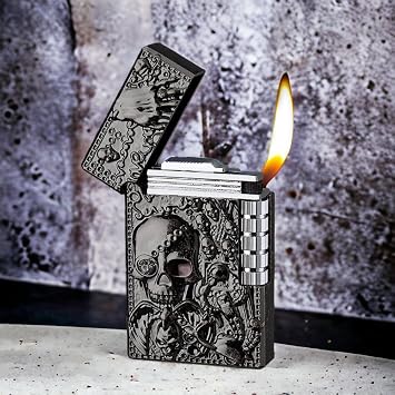 Cool Engraved Skull Lighter - Creative Grinding Wheel Butane Lighter, Soft Flame, Jet Torch - Adjustable Inflatable, Retro Antique - Men's Gift (No Gas) - Black Gray