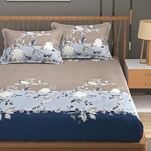 Premium Heavy Cotton Elastic Fitted Bedsheets with 2 King Size Pillow Covers || Double Bed with All Around Elastic 350 TC || 72 x 78 x 10 Inch King Size Fitted || - (Blue Tricolor)