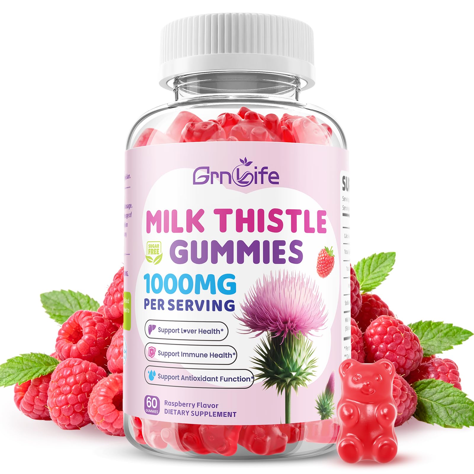Sugar-Free Milk Thistle Gummies for Liver & Antioxidant Support, Milk Thistle Supplement for Adults, Raspberry Flavor, 60 Count 60 Count (Pack of 1)