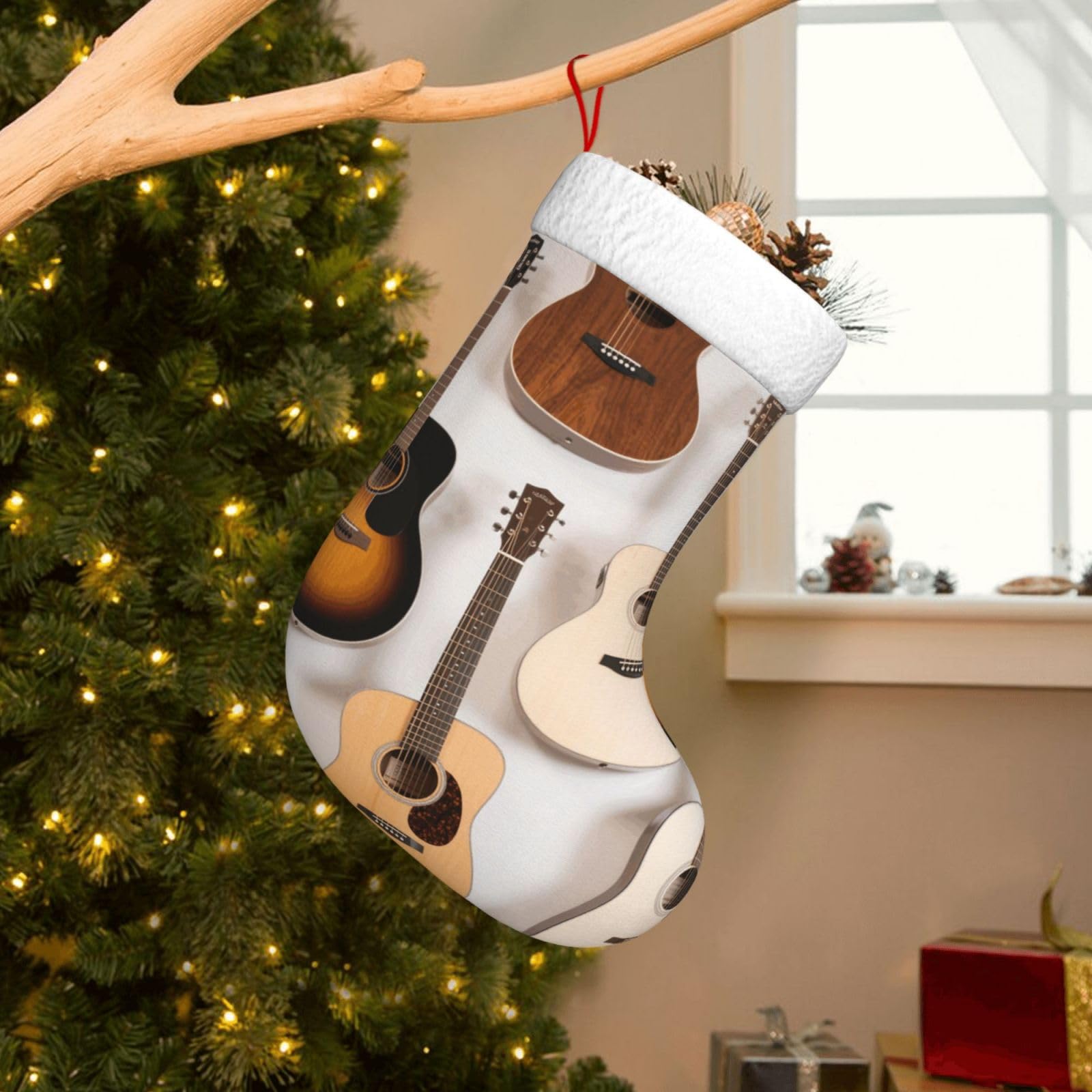Velvet Christmas Stockings 17.7 Inch, Guitars Xmas Stocking with Soft Cuff,Classic Personalized Christmas Tree Decoration for Family Holiday New Year Party Supplies