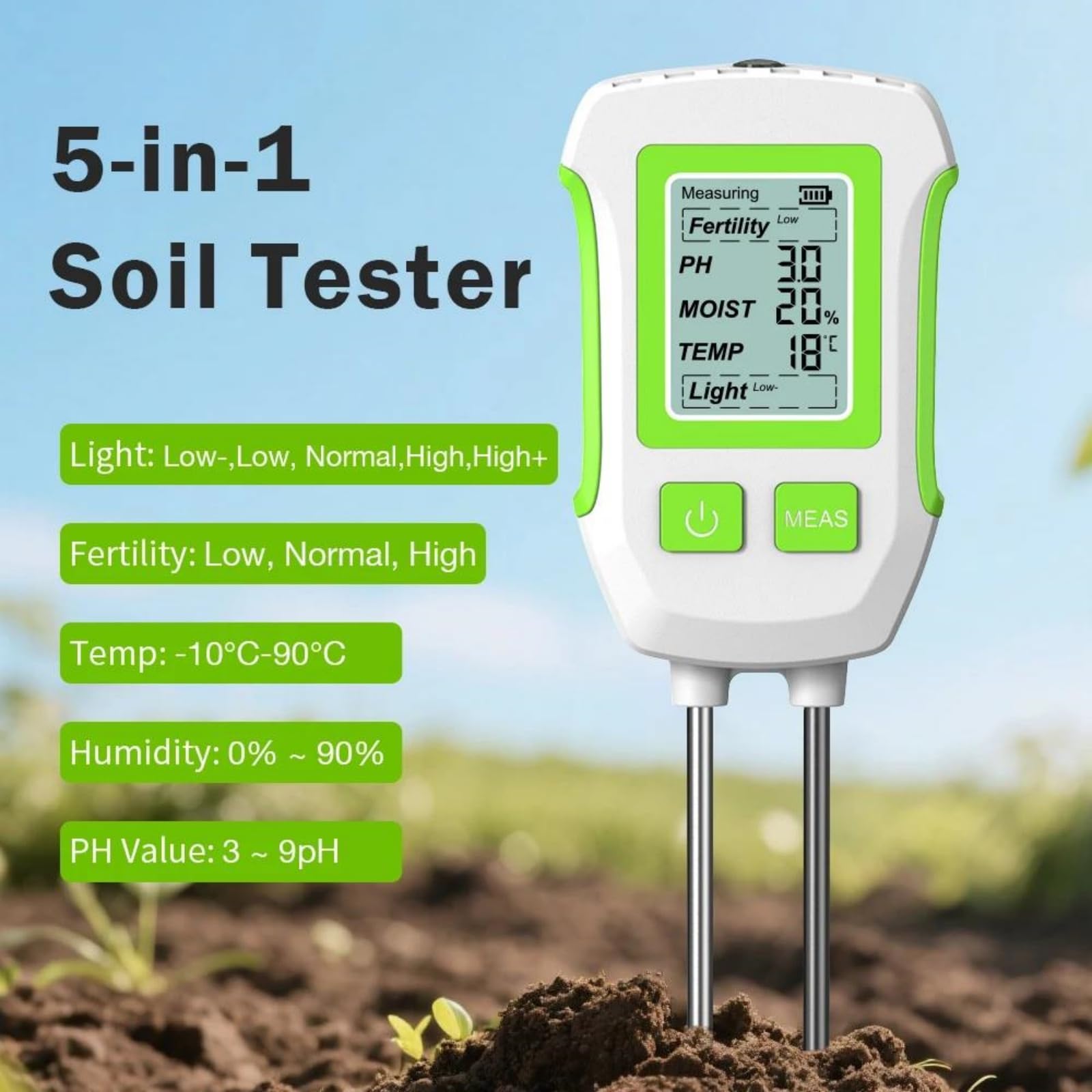 Medidor De Humedad del Suelo 5 En 1, Medidor Digital De PH del Suelo, Probador De Humedad del Suelo De Mano emperatura Y Luz Solar para Jardín, Plantación Y Macetas