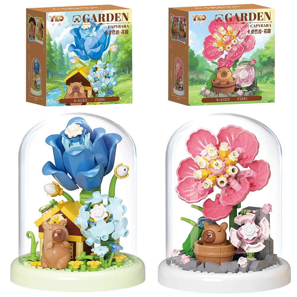 Mini Capybara & Flower Building Set 2PCS Flower Building Set with Cover Botanical Construction Blocks Collection Creative Garden Decor for Home Display Gardenia Tulip