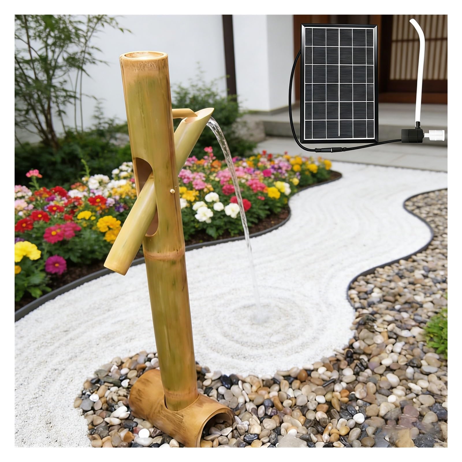 Fuente solar de bambú con bomba de agua de 6W y filtro para jardín exterior