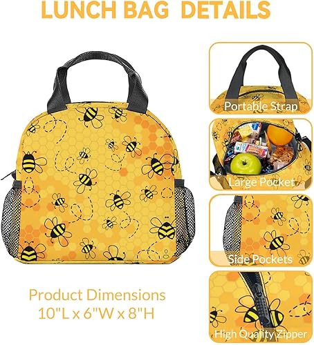 Miniatura 8 de CUSPCOD Bolsas de almuerzo personalizadas con abeja, bolsa de almuerzo Bento reutilizable con correa para el hombro y bolsillos, pequeña lonchera