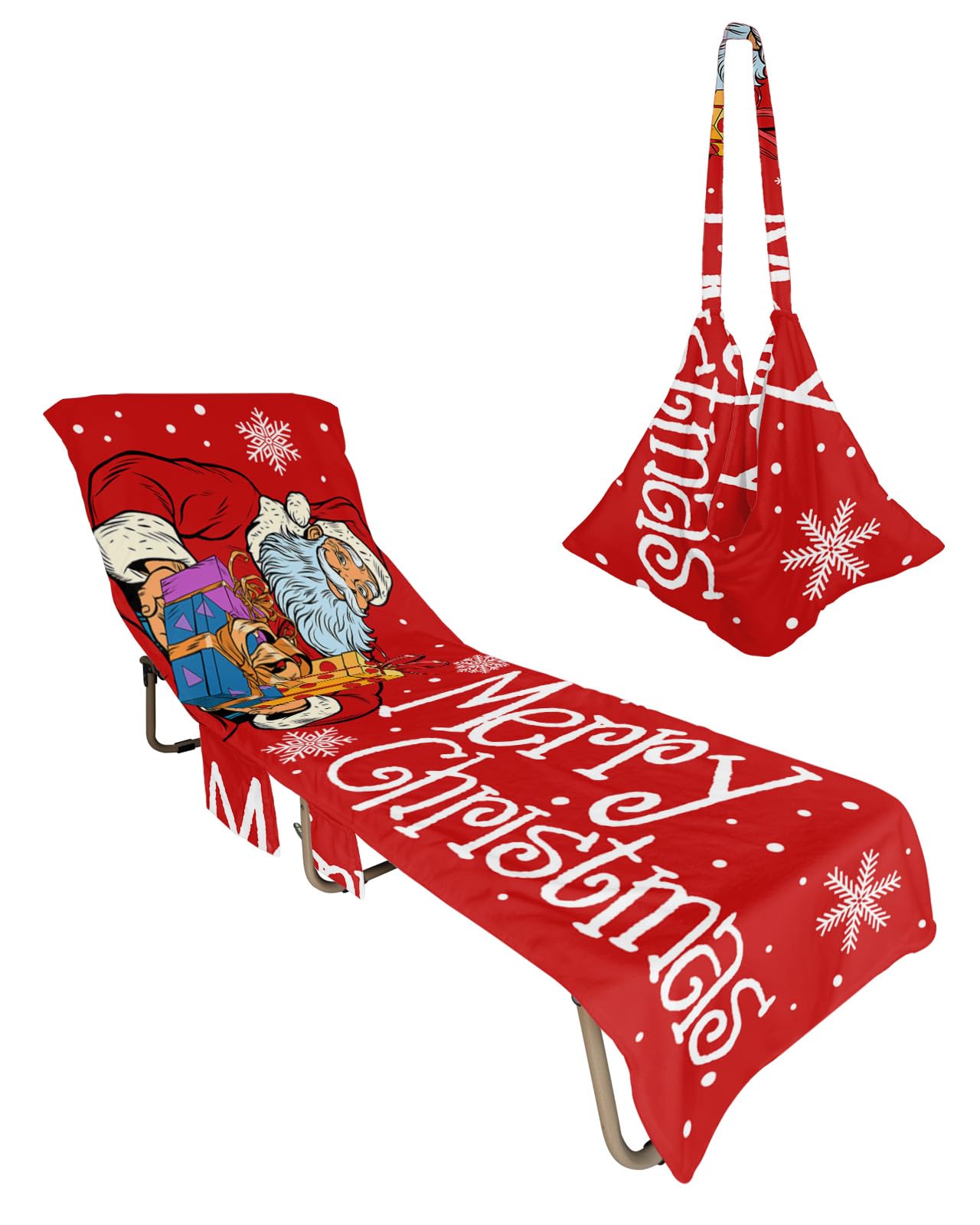 Merry Christmas Beach Chair Towel Covers for Chaise Lounge with Side Pocket, Soft Plush Pool Towels Cover for Patio Sunbathing Outdoor 29''x85'' Red Santa Winter Snowflake