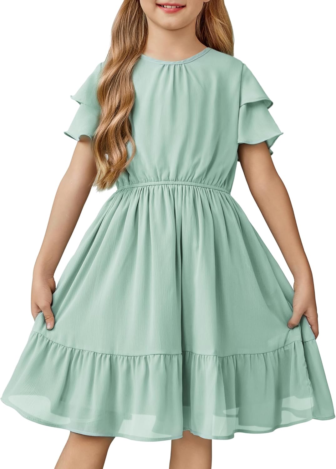 Arshiner Girls Dresses Formal Ruffle Sleeve Elegant Chiffon Party Pleated Casual Swing Dress with Pockets for 5-12 Years