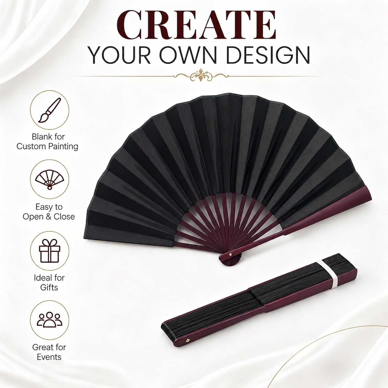 TRENDBOX 12" Chinese Traditional Nylon-Cloth Handheld Folding Fan，Handheld Fan for Art Drawing, Cooling, Photo Props, Dance & Decoration, Classic Brown Frame Unisex Gift - 1 Set (5 Colors)