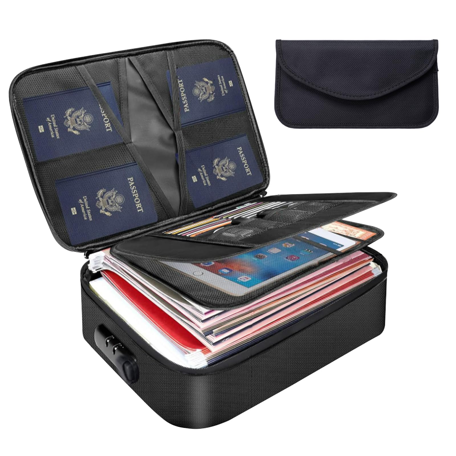 DALAETUS 2 Pcs Fire & Water Resistant Document Bag Set, Document Box with Signal Shielding Bag, Solid Silicone Coated File Storage Box with Lock for Passports, Legal Files, Album and Valuables