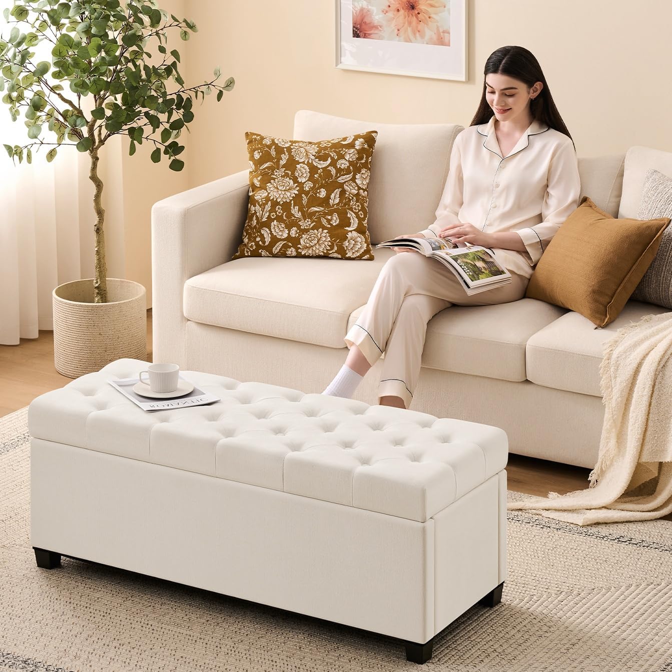 47.2" Ottoman with Storage, Storage Ottoman Bench with Safety Hinge,Tufted End of Bed Bench, Upholstered Entryway Bench for Bedroom, Living Room & Window (Ivory-Upgraded Version) - Image 4