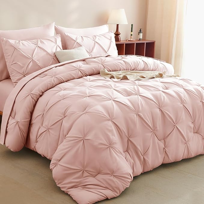 CozyLux Queen Comforter Set Blush Pink, 7 Pieces Pintuck Bed in A Bag, Premium Pink Comforter Queen Size, Pinch Pleat Bedding Sets with Comforter, Sheets, Pillowcases & Shams