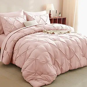 CozyLux Twin XL Comforter Set Blush Pink, 5 Pieces Twin Extra Long Pintuck Bed in A Bag for College Dorm, Pinch Pleat Bedding Set with Comforter, Sheets, Pillowcase & Sham