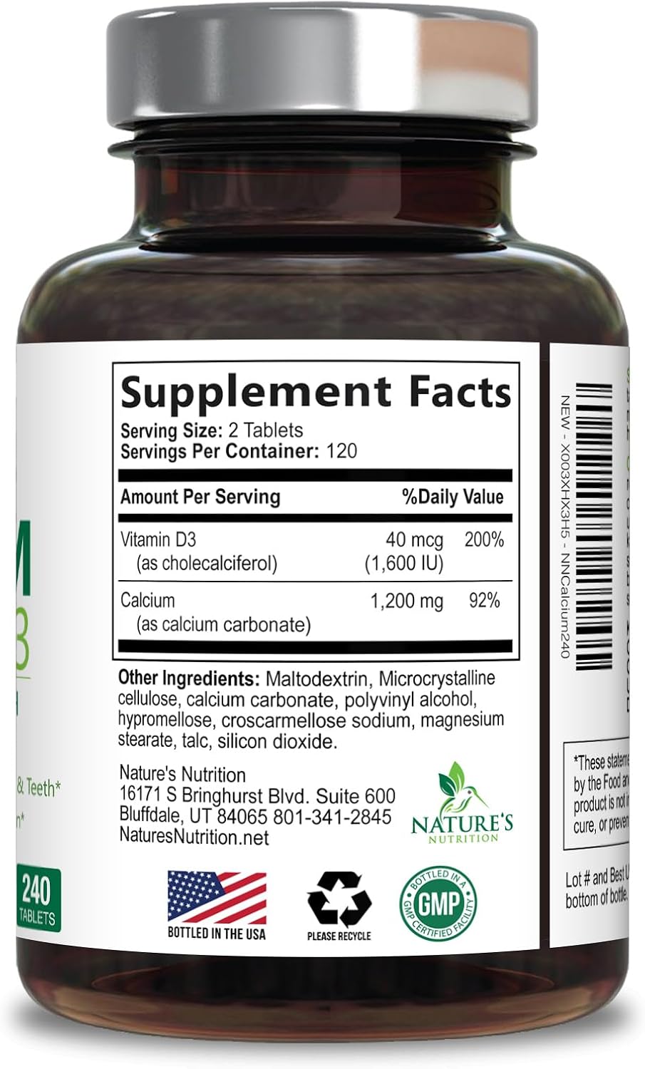 Calcium Supplement 1200 mg - with Vitamin D3 for Best Absorption - Supports Immune Health, Bones & Teeth - Nature's Calcium Carbonate + 1600 IU of D3 - Bottled in USA for Women & Men - 240 Tablets - Image 9