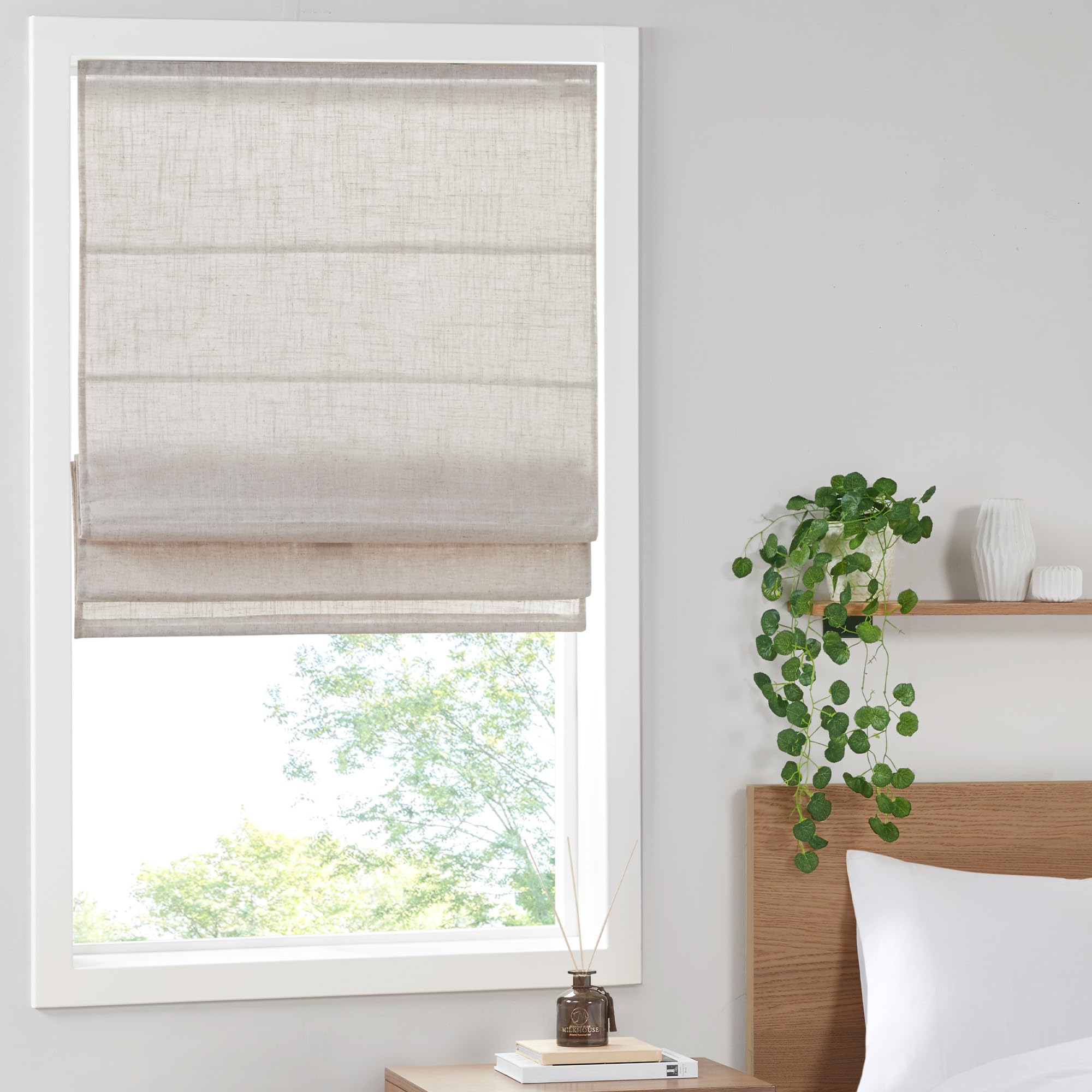 Madison Park Kyler Cordless Roman Shades - Single Panel, Lightweight Linen Blend Fabric, Natural Design, Easy Installation, Light Filtering Window Blind, Bedroom, Living Room Decor 31"W x 64"L Natural