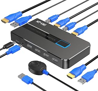 KVM Switches 2 Port 4K@60Hz, MT-VIKI KVM Switch HDMI Share USB 2.0 Devices with 4 USB Hubs, 2 Computers 1 Monitor Share Keyboard Mouse Printer, Button Switch, Including 2 USB Cables and 2 HDMI Cable