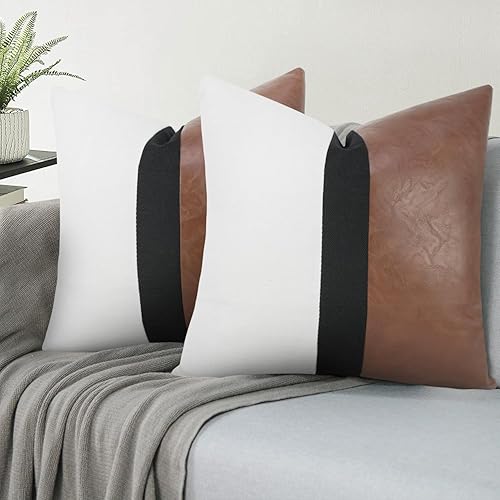 Miniatura 2 de JASEN Juego de 2 fundas de cojín lumbar de piel sintética y lino de 12 x 20 pulgadas, fundas de cojín rectangulares modernas de color blanco y negro