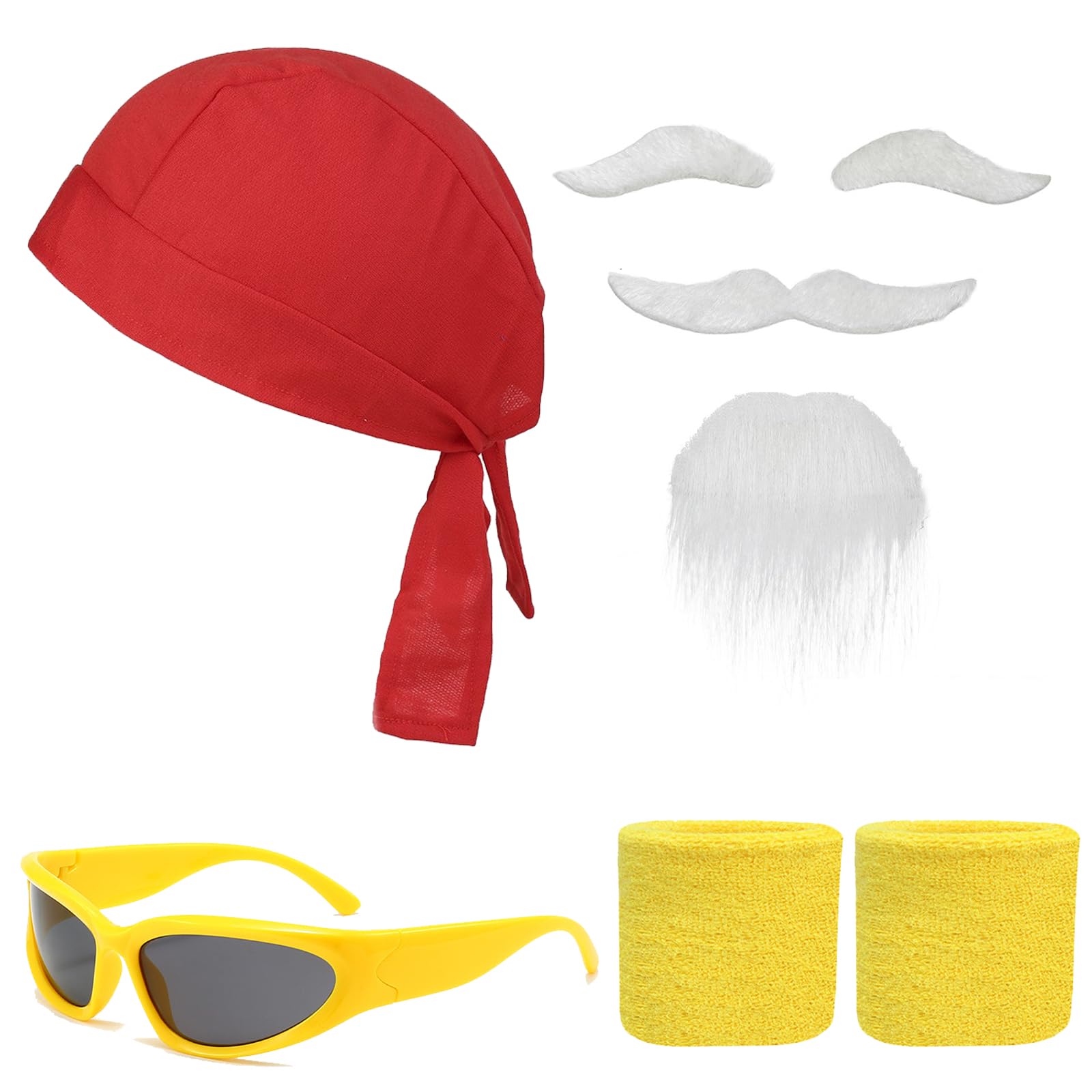 KYEDGC 4Pcs Costume Set, Wrestling Costume Accessories for Adults Includes Red Bandana, Fake Moustache