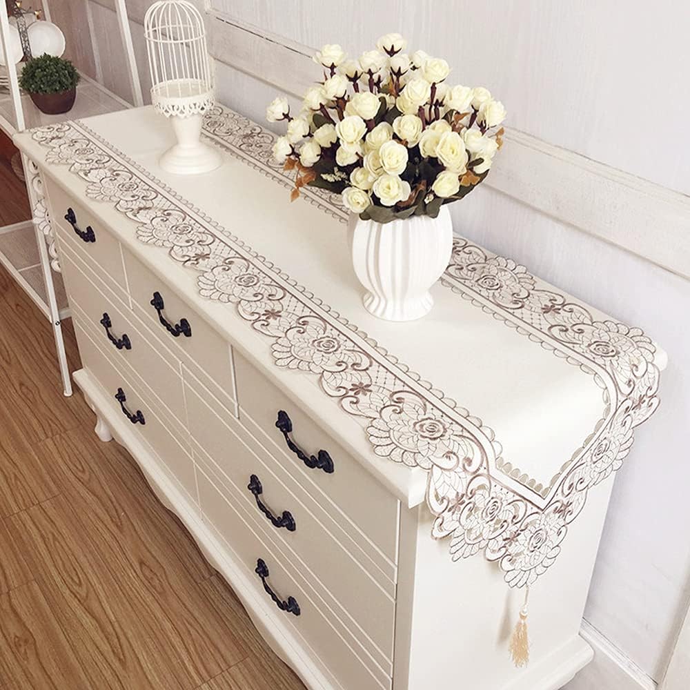 Arzoe Embroidered Lace Table Runner Elegant Vintage Mantel Scarf Dresser Scarves Cabinet Dining Room Table Decoration (Brown, 16 × 96 Inch)