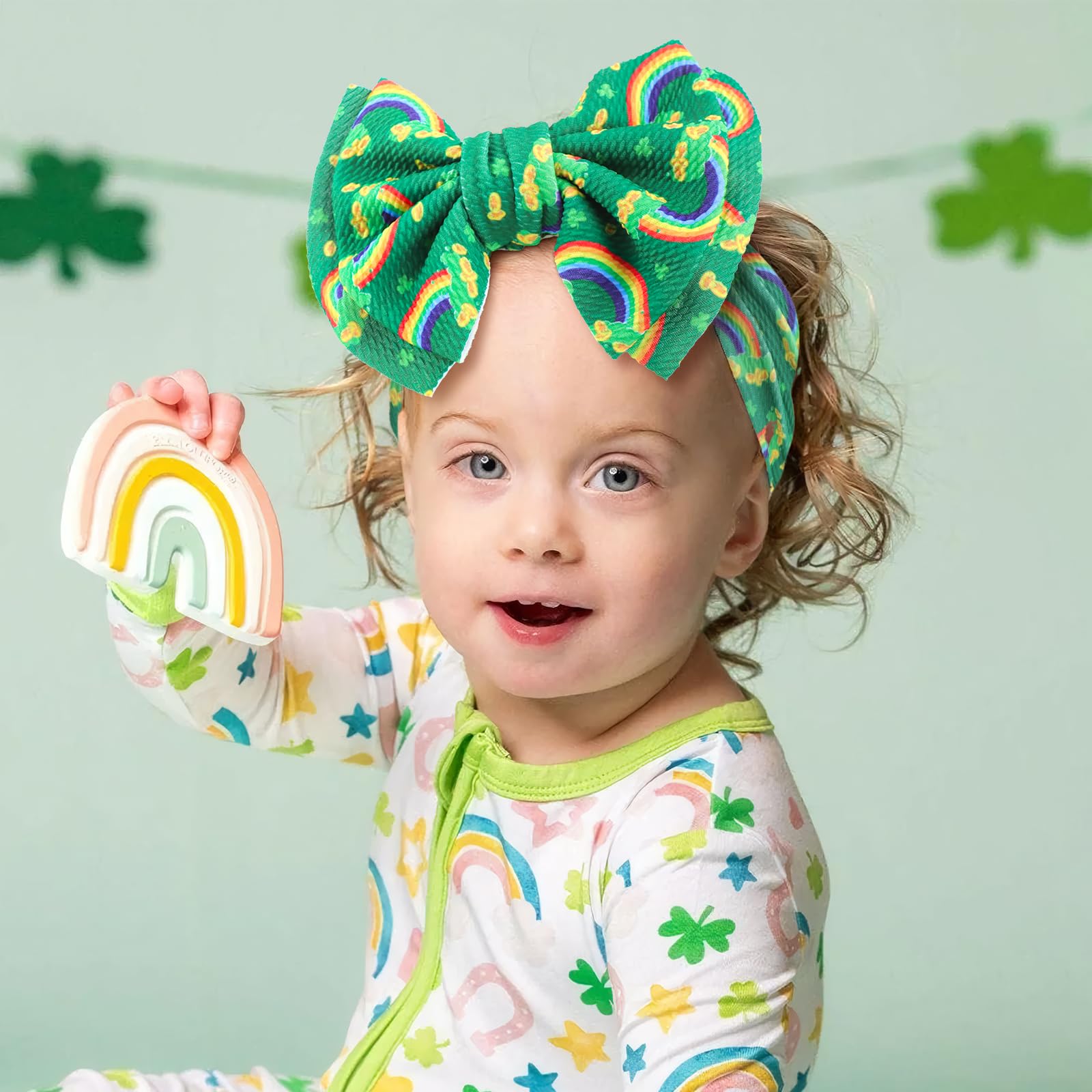 Diademas de Navidad de 17,78 cm con lazos de trébol verde arco iris, diadema de nailon suave con lazos para bebés recién nacidos, accesorios para el cabello del día de San Patricio