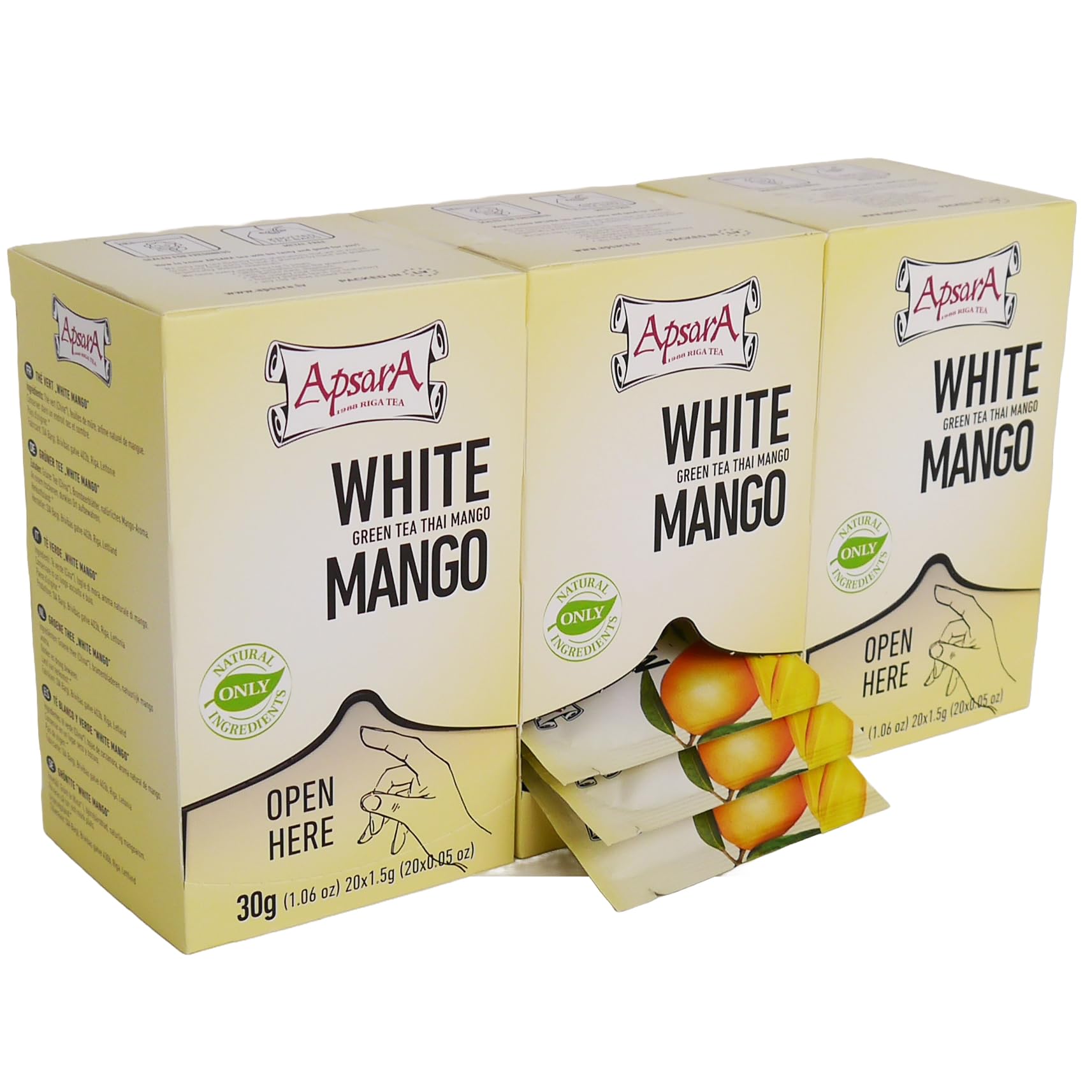 Apsara Premium té de Mango Blanco, juego de 3 (60 bolsitas), té verde y blanco con nota afrutada