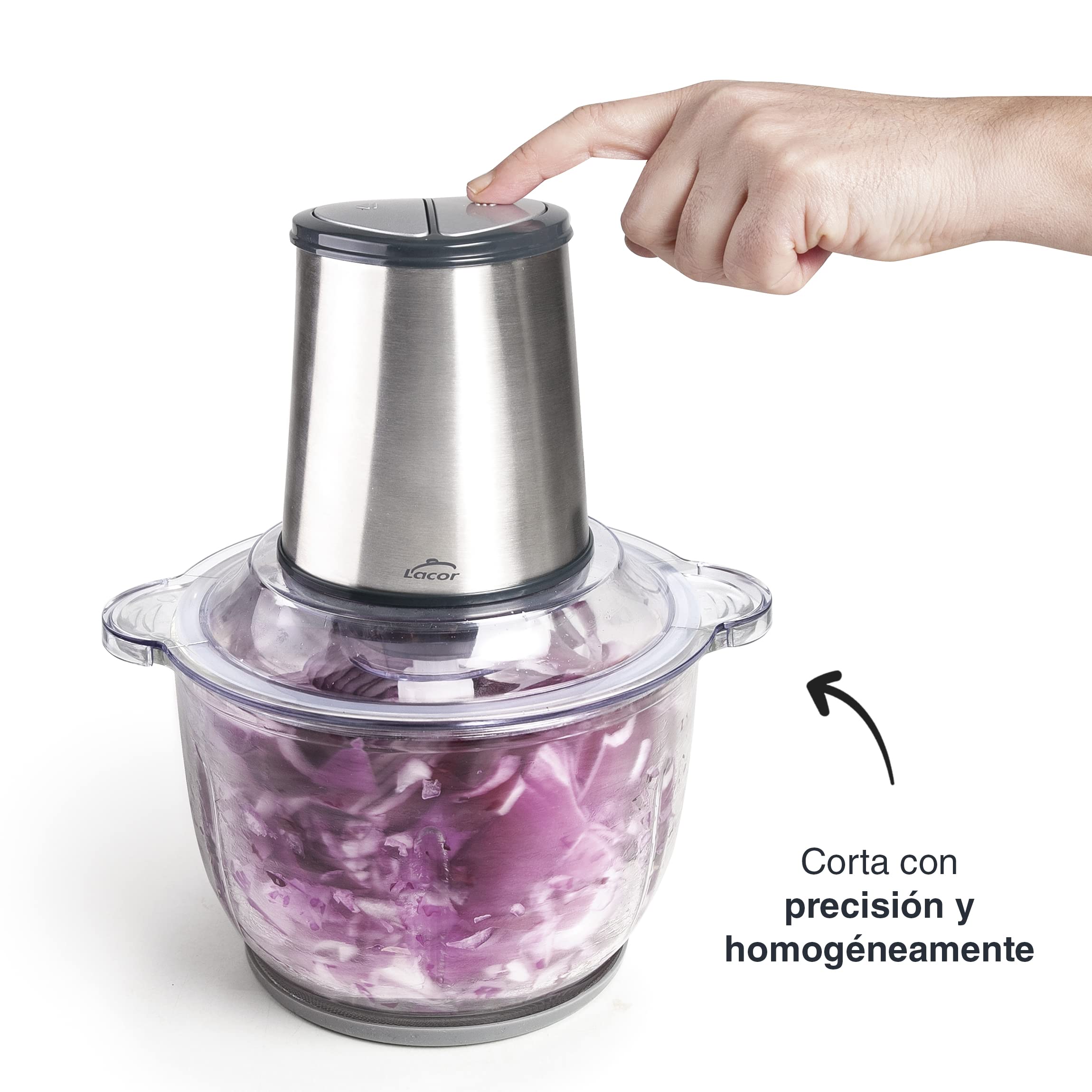 LACOR - 69077 - Cortador Automático, Picador de Alimentos, Picadora con Cuchillas de Ultra-Resistentes, Libre de BPA, 2 velocidades, 300 W, 1,2 L