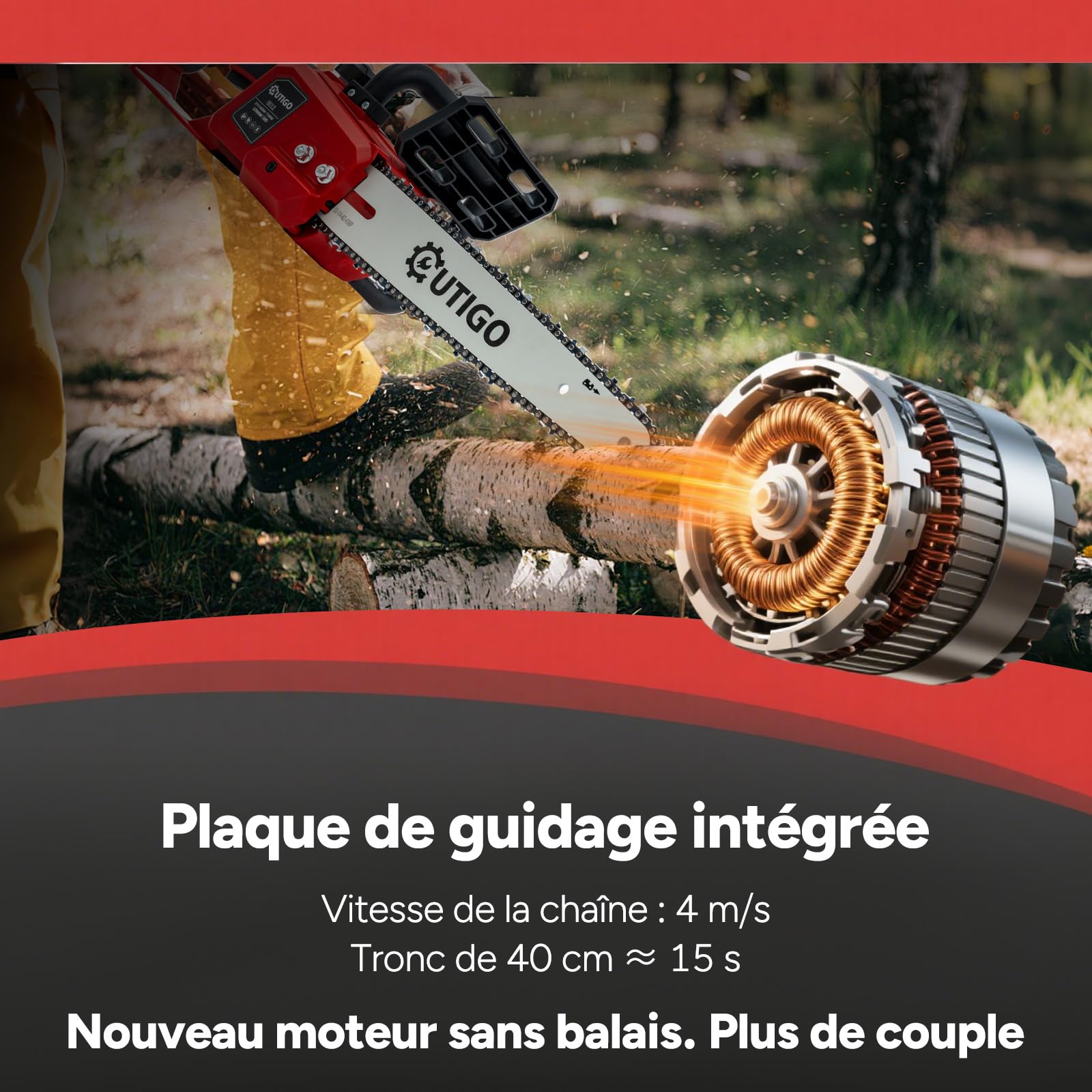 OUTIGO Tronçonneuse à batterie, Tronçonneuse, Tronçonneuse 12 pouces 2 * 4500 mah Batteries, 1Chaînes et 1lames, MINI Tronçonneuse électrique sans fil 1000w