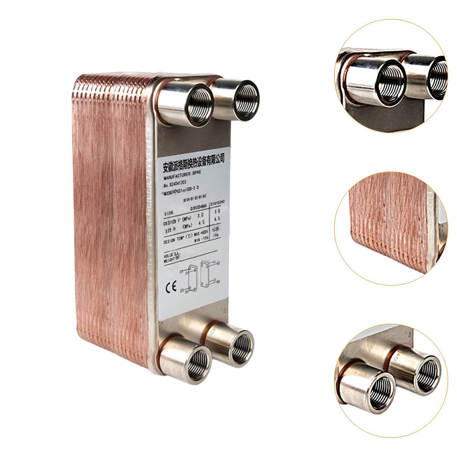 Échangeur à Plaques Brasées Compact pour Systèmes de Chauffage et Refroidissement Ports NPT Femelles 1/2 Pouce Adapté aux Applications, 20 Assiettes