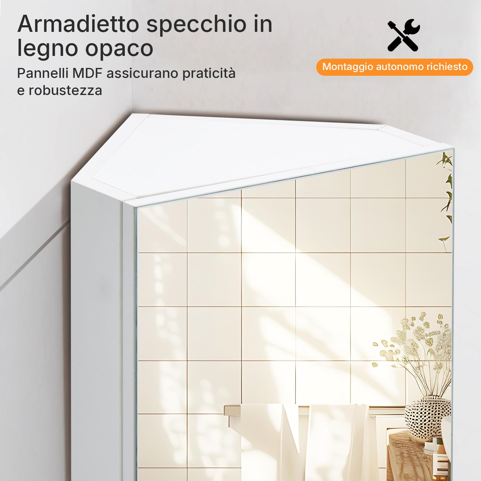 LEMROE Armadio con Specchio Angolare da Bagno - Mobile da Toilette a Muro con 2 Ripiani, Design Compatto, in MDF Resistente all'Umidità, 30 x 24 x 60 cm