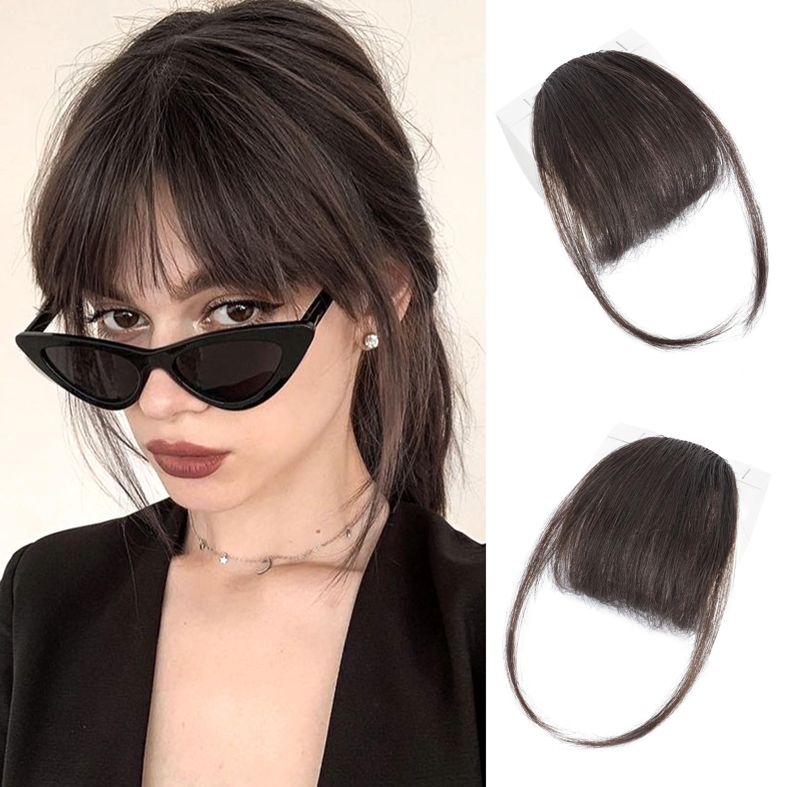 Photo 1 of Lommel Clip in Bangs,100% Real Human Hair Wispy Fake Bangs Hair Clip for Women Dark Brown Natural Curtain Fringe with Temples Hairpieces for Daily Wear and Various festivals(Dark Brown)