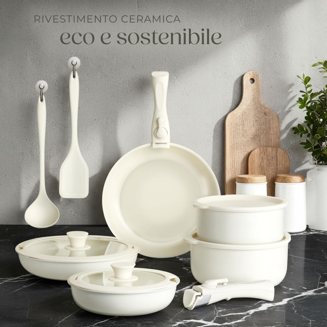 tectake®, Set di pentole 16 pezzi, set pentole induzione anche per piani a gas, elettrici, rivestimento antiaderente in ceramica, manici removibili - 2 Padelle, 2 Pentola, Pot, 4 Coperchi - Bianco