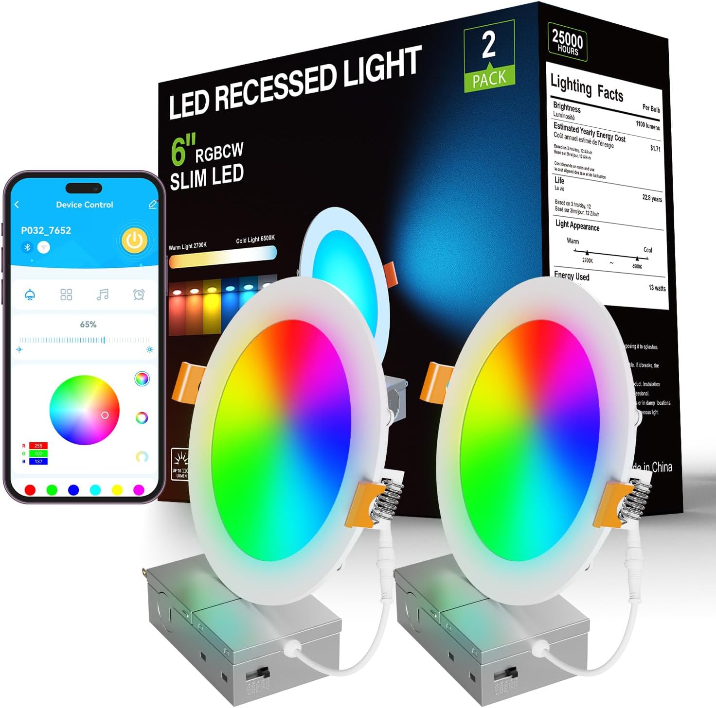 DAYBETTER WiFi 6-Inch Ultra-Thin Recessed Lights-RGBCW Color Changing & Tunable White (2700K–6500K) – Dimmable, Voice Control, Compatible with Alexa, Easy Installation, 2-Pack