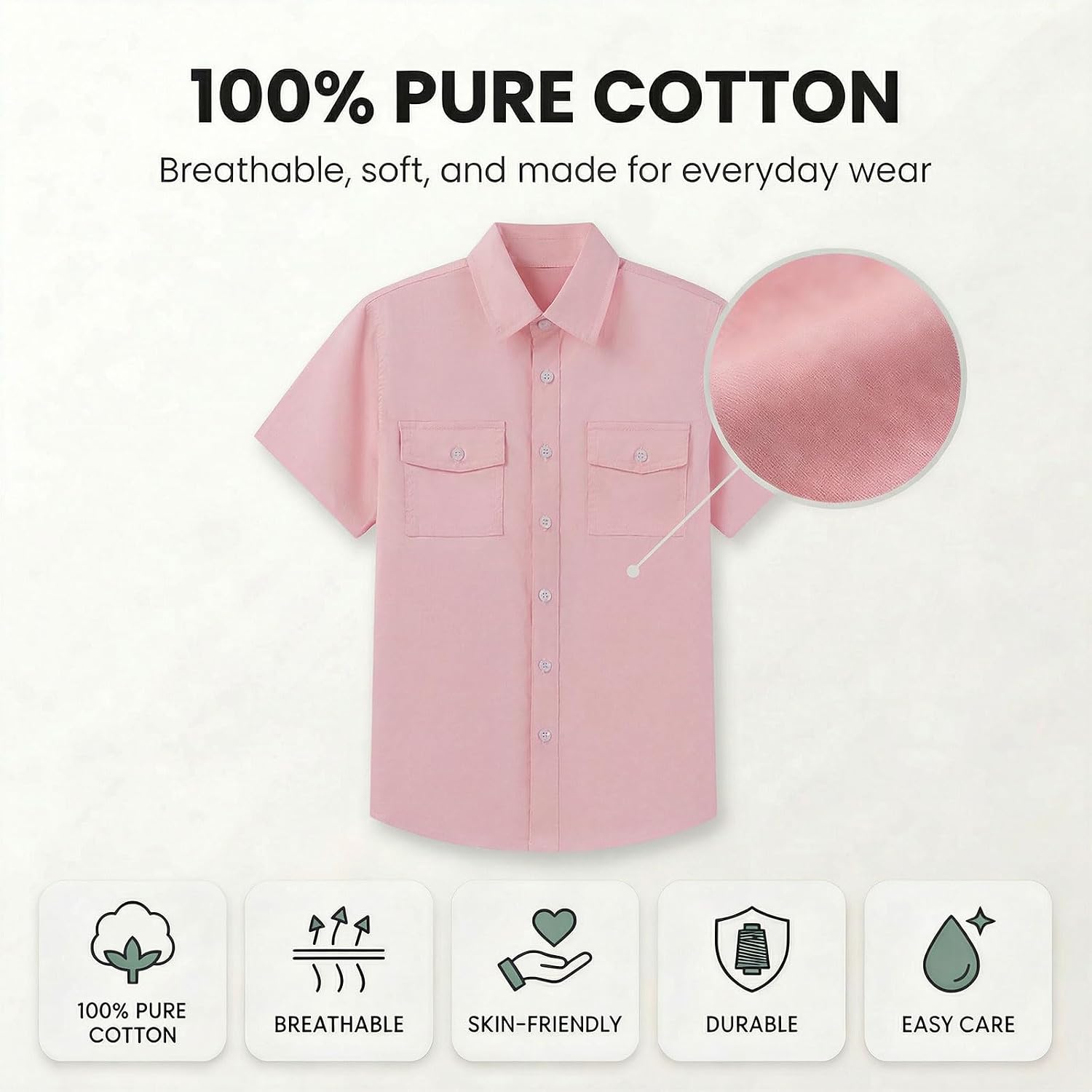 Boys Button Down Shirt 100% Cotton with Flip-Top Double Pockets