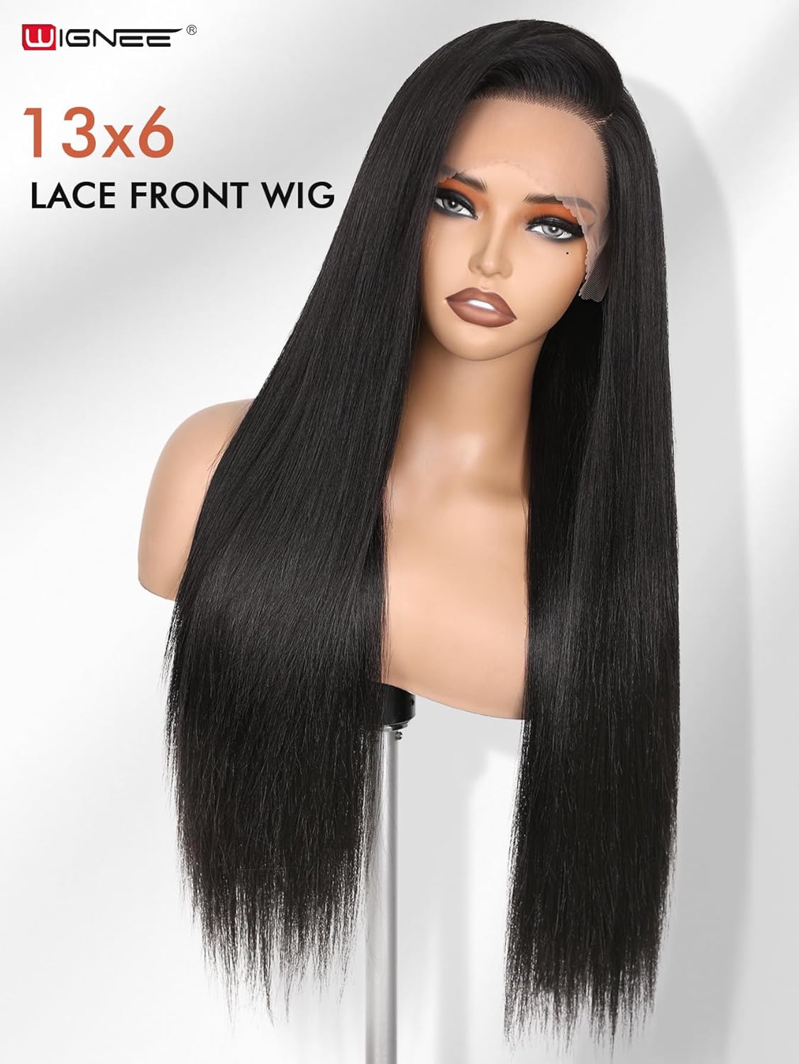 WIGNEE 13x6 Synthetic Lace Front Wig 28" Long Straight Wig Natural Black Kanekalon Futura Synthetic Wigs for Black Women Pre-Plucked Glueless Wig for Daily Party Use
