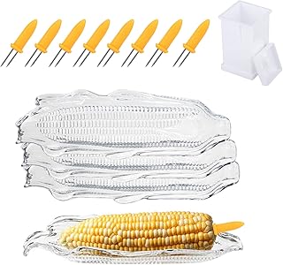4Pcs Corn Trays and 8Pcs Corn Cob Holder Sets, Corn On the Cob Plastic Corn Dishes with Butter Spreader, Corn Holder Stainless Steel BBQ Tools and Service Tray Corn Tableware Set