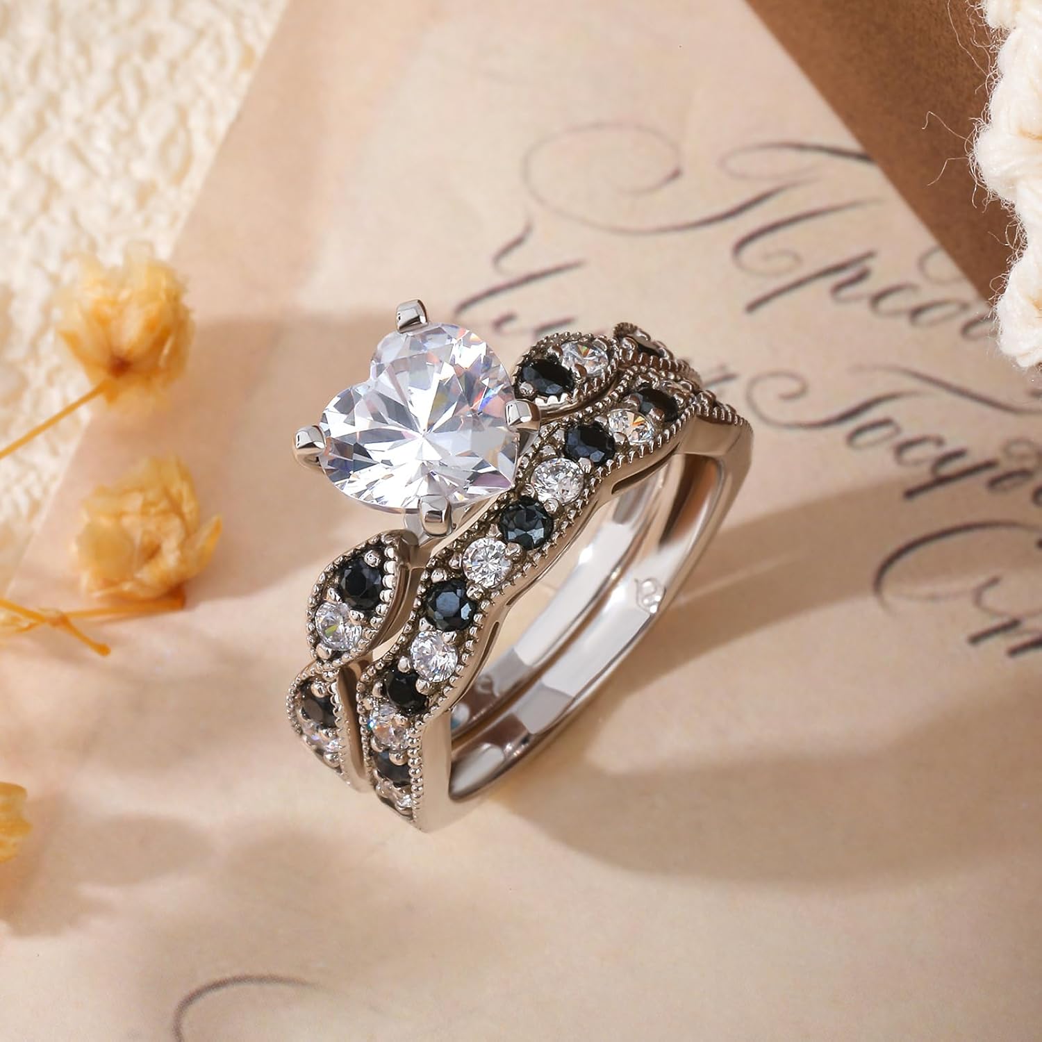 Jeulia 3 Carat CZ Solitaire Engagement Rings Halo Milgrain Heart Cut Sterling Silver Ring Set Promise Engagement Wedding Anniversary Rings Bridal Sets for Women - Image 6