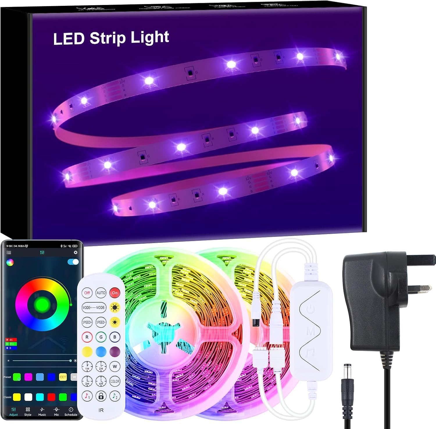 Ubanner Led Strip Lights Kit,10M 5050 SMD RGB Flexible LED Tape Lights Non-Waterproof with DC12V CE Power Supply 24Key RF Remote Controller for Under Cabinet Lighting Bedroom, Living Room White [Energy Class C]