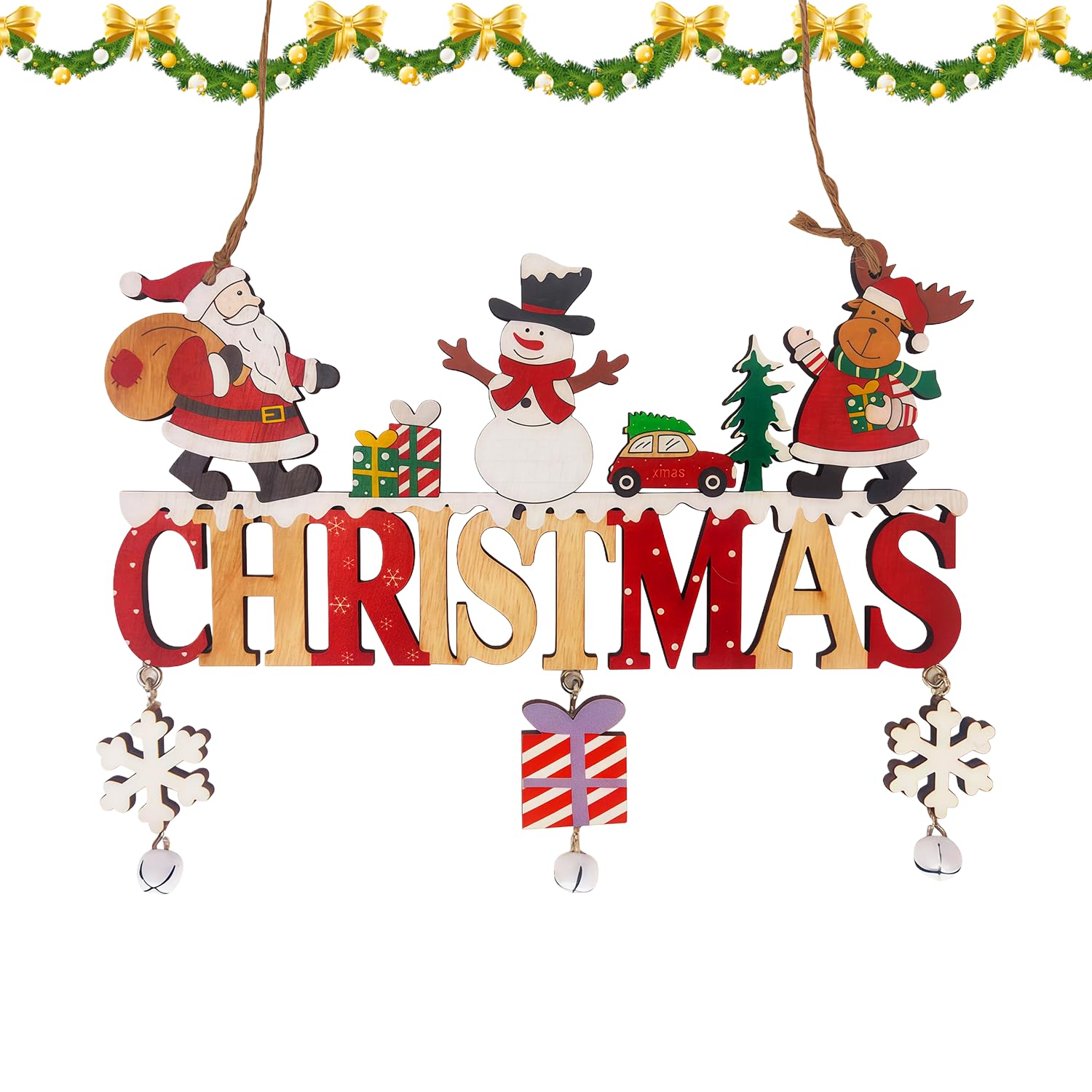 CHEERYMAGIC Wooden Christmas Decorations, Wooden Merry Christmas Hanging Sign Plaque Door Hanging Sign with Bells Xmas Ornaments Indoor Outdoor Decor A6-ZMDLDGJ